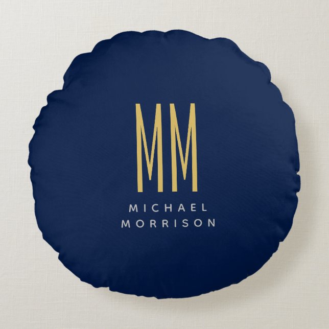 Blue Gold Colours Monogram Initial Letters Name Round Pillow (Front)