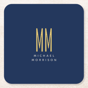 Blue Gold Colours Monogram Initial Letters Name Square Paper Coaster