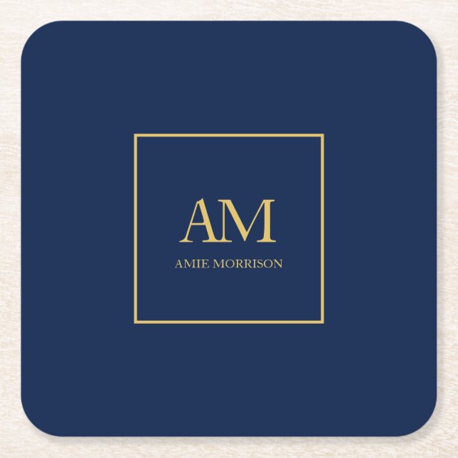 Blue Gold Colours Monogram Initial Letters Name Square Paper Coaster (Front)