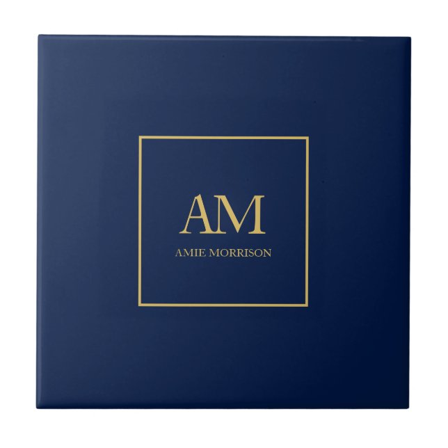 Blue Gold Colours Monogram Initial Letters Name Tile (Front)