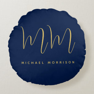 Blue Gold Colours Professional Initial Letters Nam Round Pillow