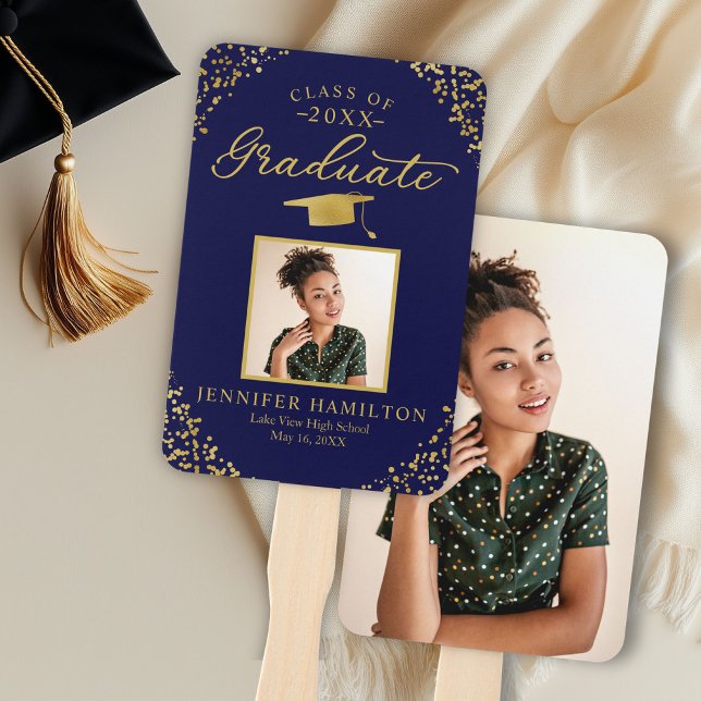 Blue Gold Confetti 2 Photo Graduation  Hand Fan (Creator Uploaded)