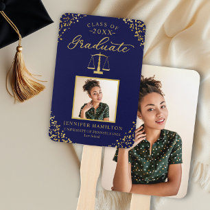 Blue Gold Confetti 2 Photo Law School Graduation Hand Fan