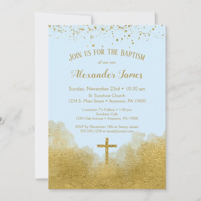 Blue Gold Confetti Baptism Invitation Boy (Front)