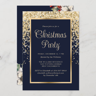 Blue Gold Confetti Botanical Christmas Party Invitation