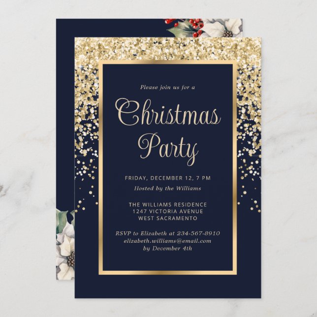 Blue Gold Confetti Botanical Christmas Party Invitation (Front/Back)