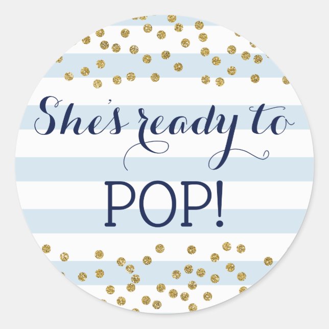 Blue Gold Confetti Boy Baby Shower Ready to Pop Classic Round Sticker (Front)