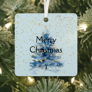 Blue Gold Confetti Christmas Tree Metal Ornament