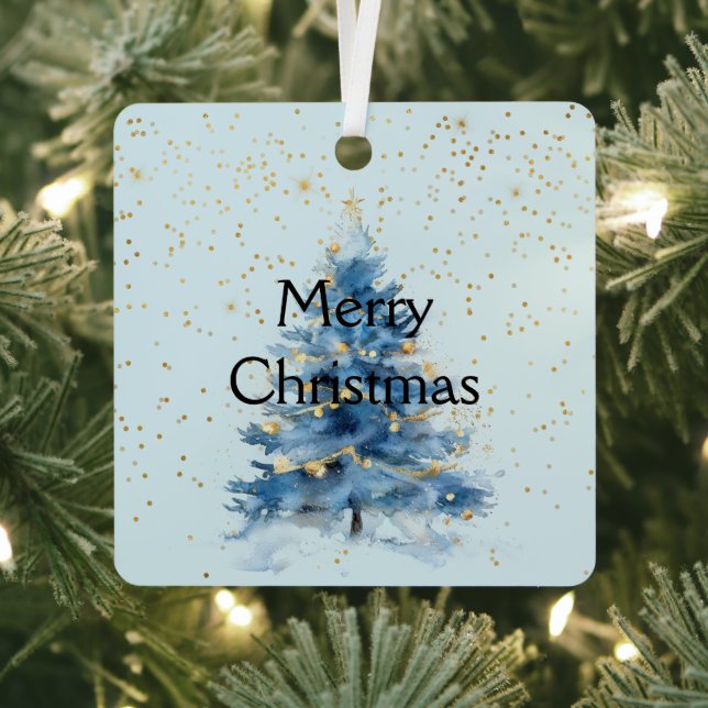 Blue Gold Confetti Christmas Tree Metal Ornament (Insitu)