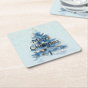 Blue Gold Confetti Christmas Tree Square Paper Coaster
