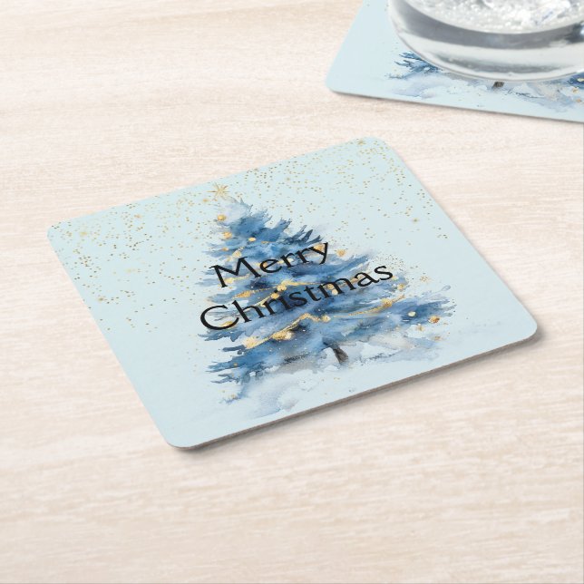 Blue Gold Confetti Christmas Tree Square Paper Coaster (Angled)