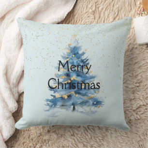 Blue Gold Confetti Christmas Tree Throw Pillow