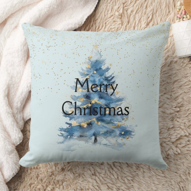 Blue Gold Confetti Christmas Tree Throw Pillow (Blanket)