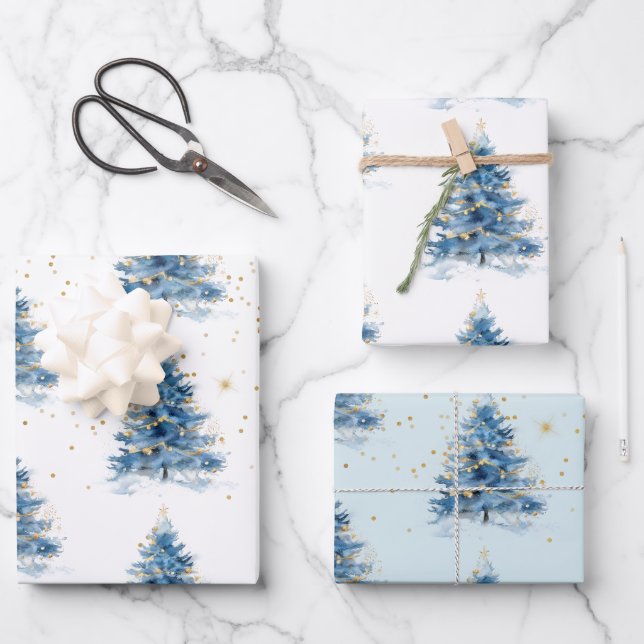 Blue Gold Confetti Christmas Tree Wrapping Paper Sheet (Front)