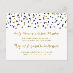 Blue Gold Confetti Engagement Announcement Postcard