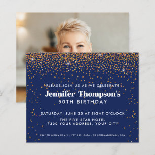 Blue Gold Confetti Glitter 50th Birthday Photo