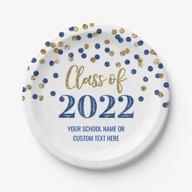 Blue Gold Confetti Graduation 2022 Paper Plate (Front)