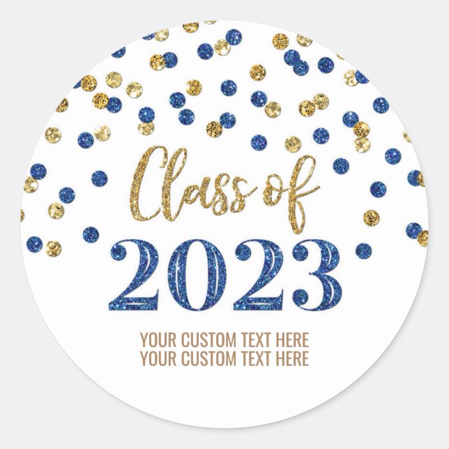 Blue Gold Confetti Graduation 2023  Classic Round Sticker (Front)
