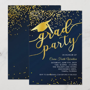 Blue Gold Confetti Graduation Party Invitation