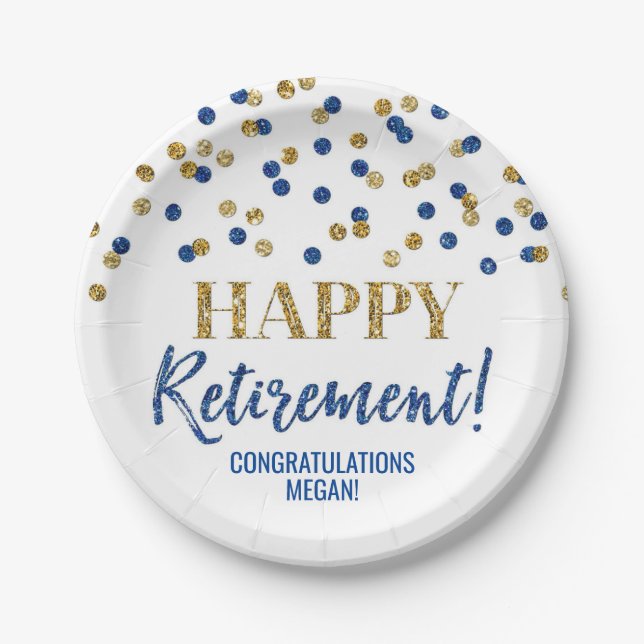 Blue Gold Confetti Happy Retirement Paper Plate (Front)
