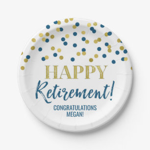 Blue Gold Confetti Happy Retirement Paper Plate