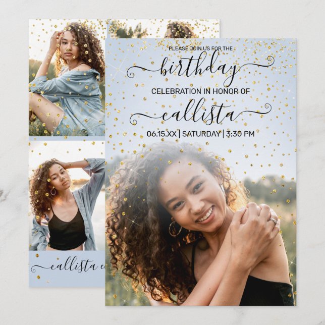 Blue Gold Confetti Photo Collage Birthday Invitation (Front/Back)