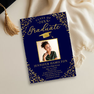 Blue Gold Confetti Photo Graduation Announcement