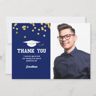 Blue Gold Confetti Photo Graduation Thank You Card