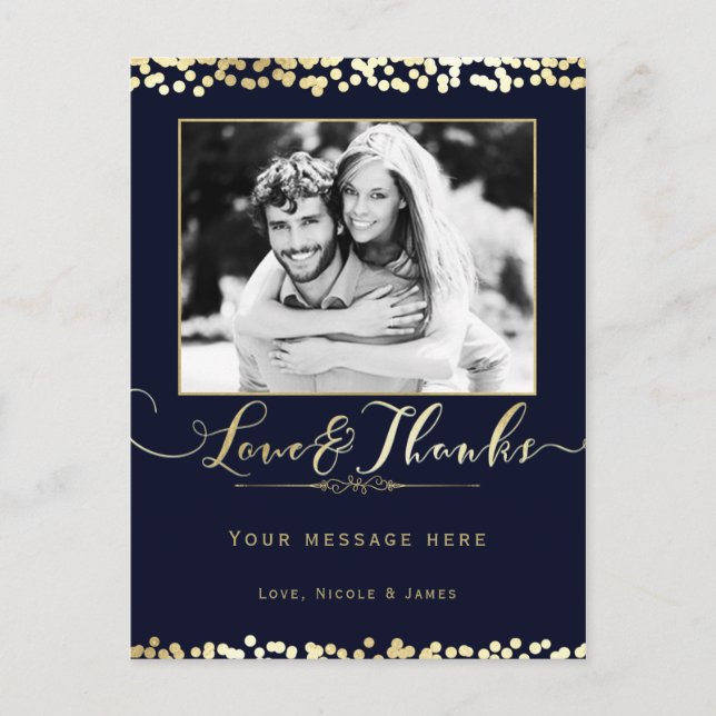 Blue & Gold Confetti Photo Wedding Thank You Postcard (Front)