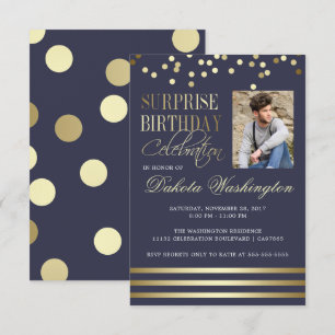 Blue Gold Confetti Stripe Photo Surprise Birthday Invitation