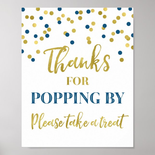 Blue Gold Confetti Thanks for Popping By Sign (Front)