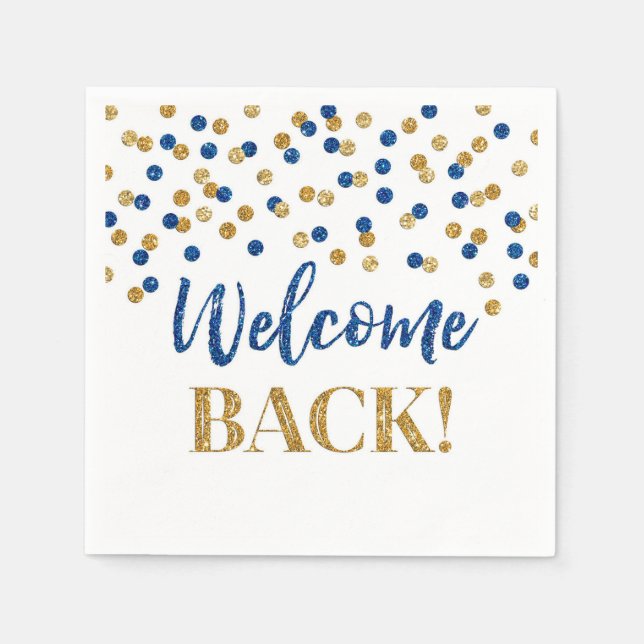 Blue Gold Confetti Welcome Back Napkins (Front)