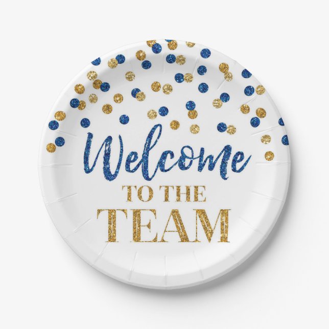 Blue Gold Confetti Welcome to the Team  Paper Plate (Front)