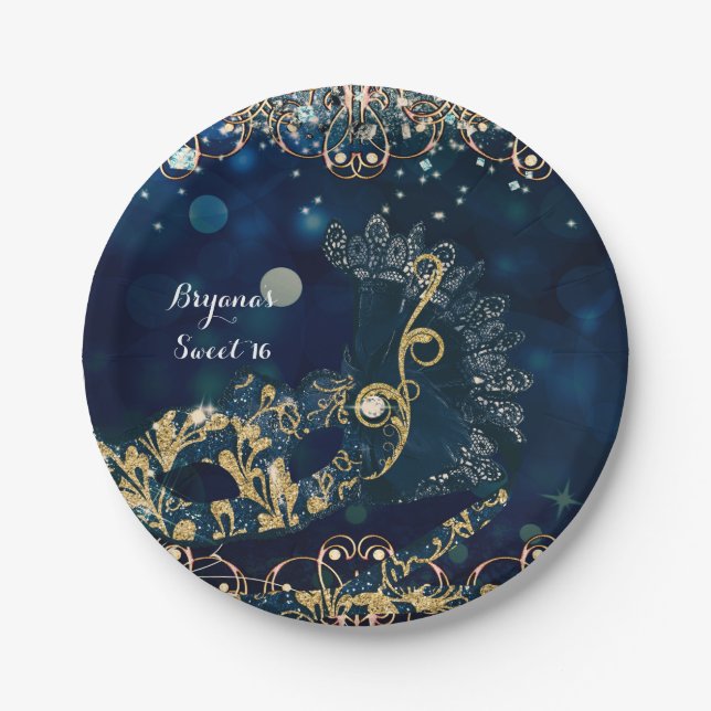 Blue & Gold Costume Masquerade Mask Birthday Party Paper Plate (Front)