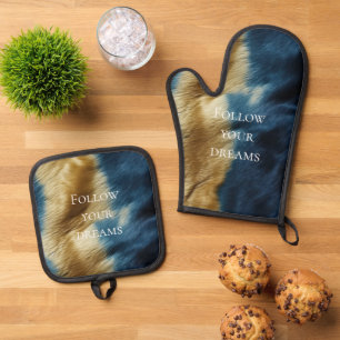 Blue Gold Cowhide Oven Mitt & Pot Holder Set