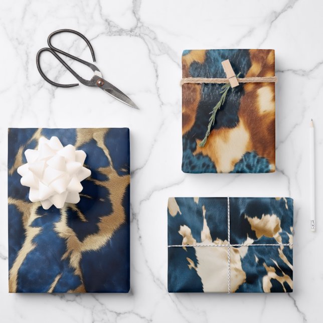 Blue Gold Cowhide Wrapping Paper Sheet (Front)