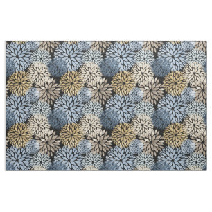 Blue Gold Cream Dahlia Floral Pattern Fabric