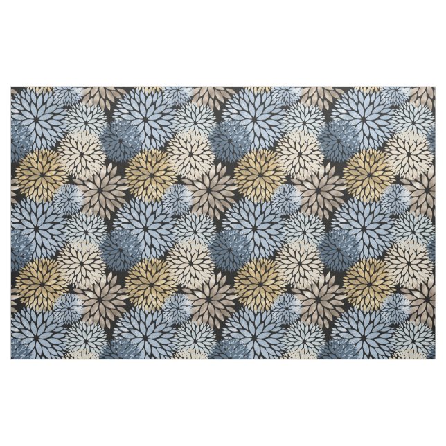 Blue Gold Cream Dahlia Floral Pattern Fabric (Fat Quarter)