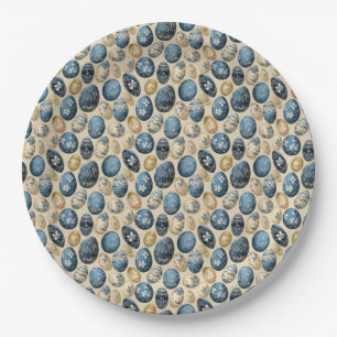 Blue, Gold & Cream Vintage Egg Pattern Paper Plate