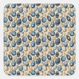 Blue, Gold & Cream Vintage Egg Pattern Square Sticker