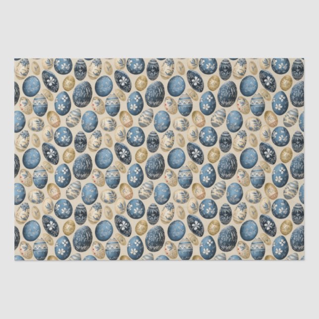 Blue, Gold & Cream Vintage Egg Pattern Tissue Paper (Front)