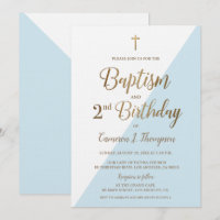 Blue Gold Cross Baptism 2nd Birthday Invitation