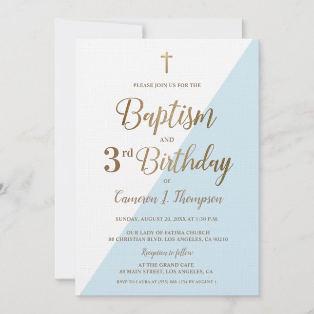 Blue Gold Cross Baptism 3rd Birthday Invitation (Front)