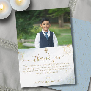 Blue Gold Cross Boy First Holy Communion Photo Thank You Card