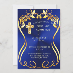 Blue Gold Cross Elegant First Communion Invitation