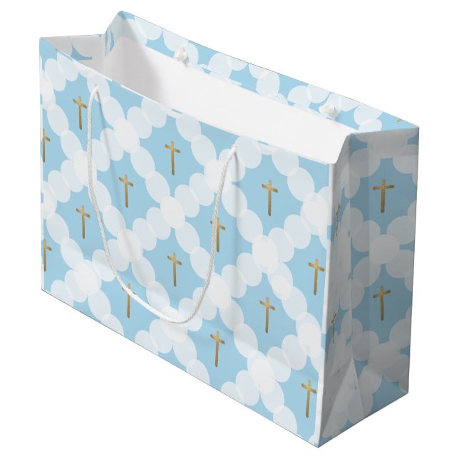 Blue Gold Cross Modern Baptism Large Gift Bag (Front Angled)