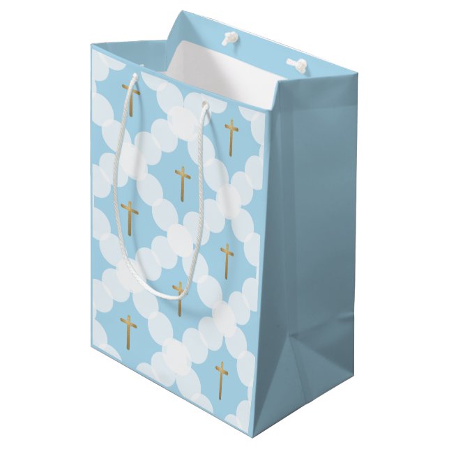 Blue Gold Cross Modern Baptism Medium Gift Bag (Front Angled)