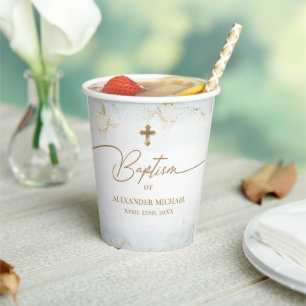 Blue Gold Cross Name Boy Baptism Paper Cups
