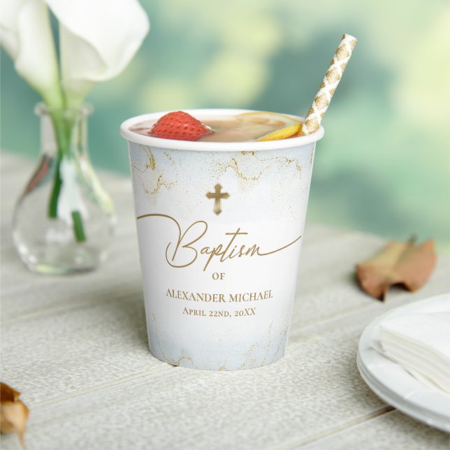 Blue Gold Cross Name Typography Boy Baptism  Paper Cups (Insitu)
