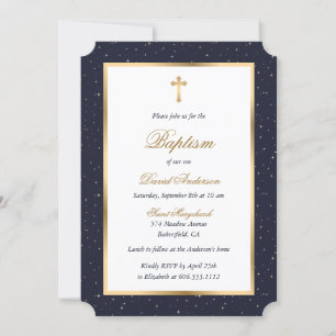 Blue Gold Cross Stars Elegant Script Baptism Invitation